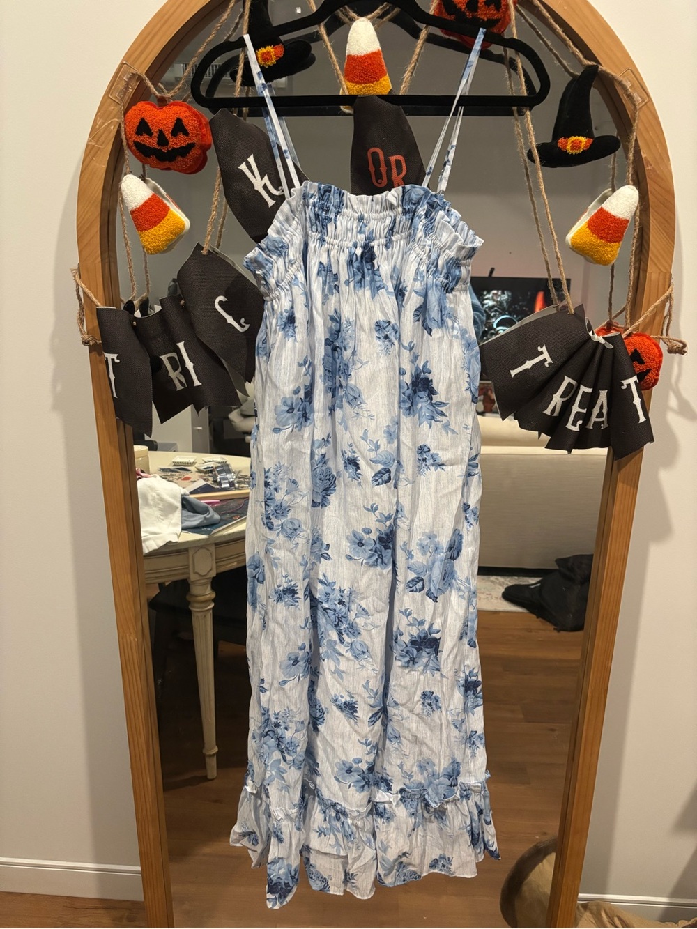 A Loves A Blue & White Floral Smocked Tiered Maxi Dress, Spaghetti Strap